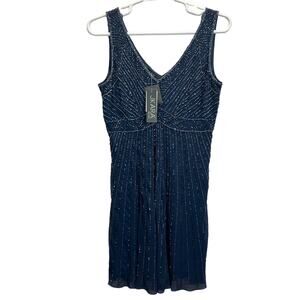 Jkara Womens Cocktail Dress Embellished Beaded Evening Formal Dark Blue 14
